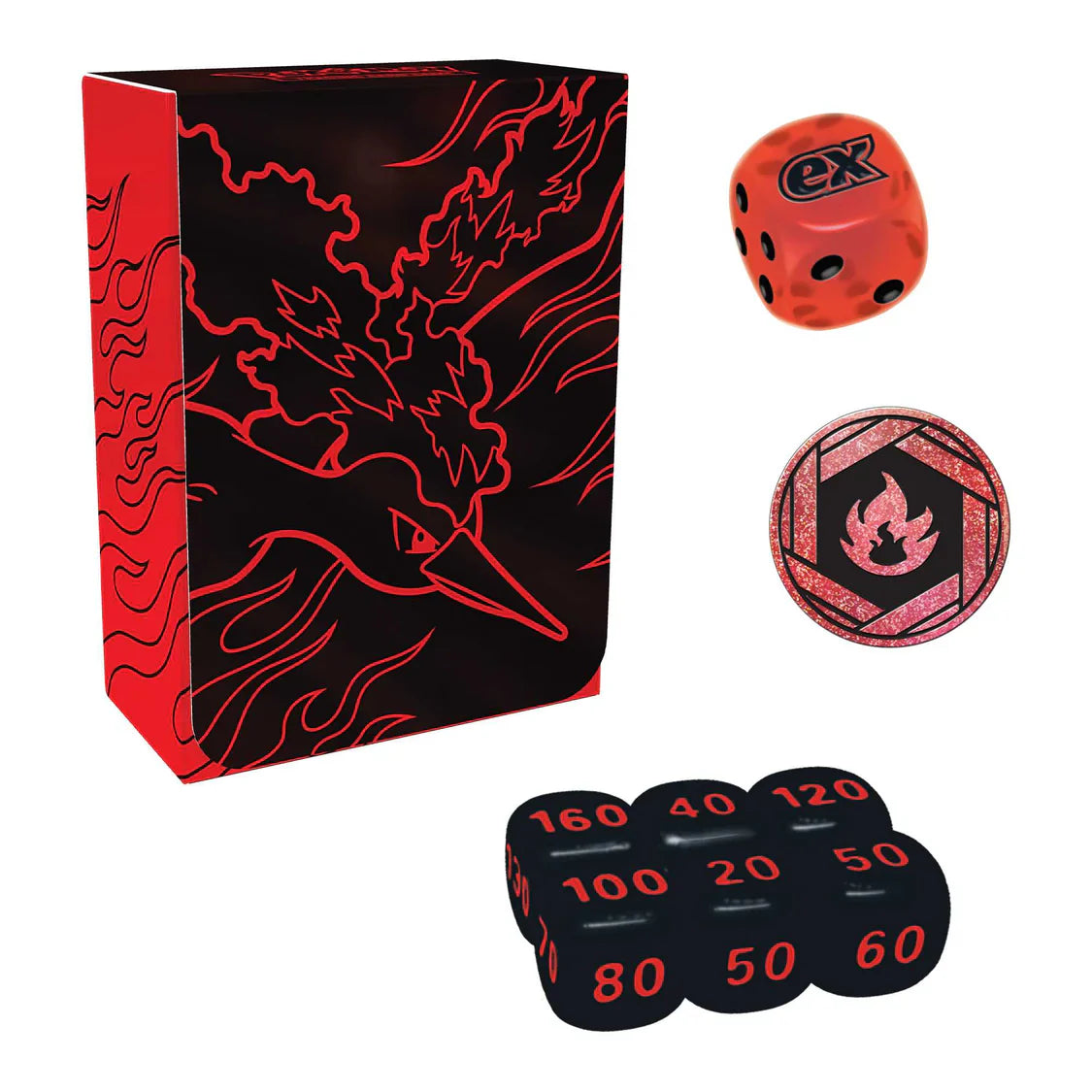 Moltres Ultra Premium Collection Deck box, Metallic Coin & Damage-counter Dice & Coin-flip Die