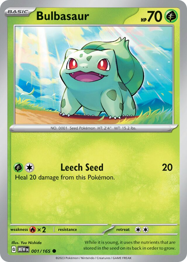 Pokémon trading card featuring Bulbasaur with green and yellow border